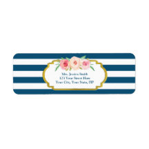 Navy Stripes Gold Pink Floral Return Address Label