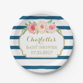 Navy Stripes Goud Roze Bloemen Baby shower Bord