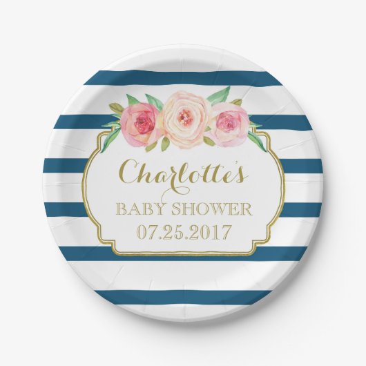 Navy Stripes Goud Roze Bloemen Baby shower Bord (Voorkant)