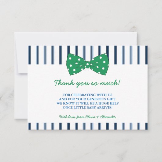 Navy Stripes & Green Bow | Baby shower Hartelijk d Bedankkaart (Voorkant)