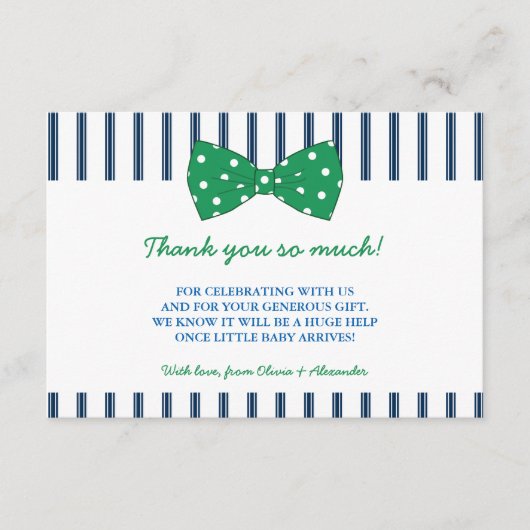 Navy Stripes & Green Bow | Baby shower Hartelijk d Bedankkaart (Voorkant)