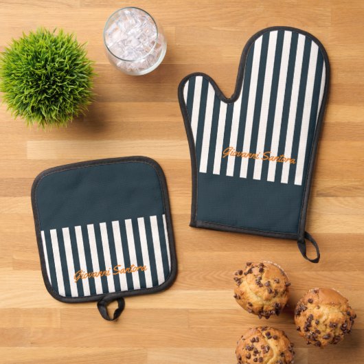 Navy Stripes | Het Monogram van de moderne man Ovenwant & Pannenlap Set (Top down)