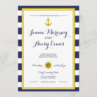 Navy Stripes met Anker Nautische Huwelijksuitnodig Kaart