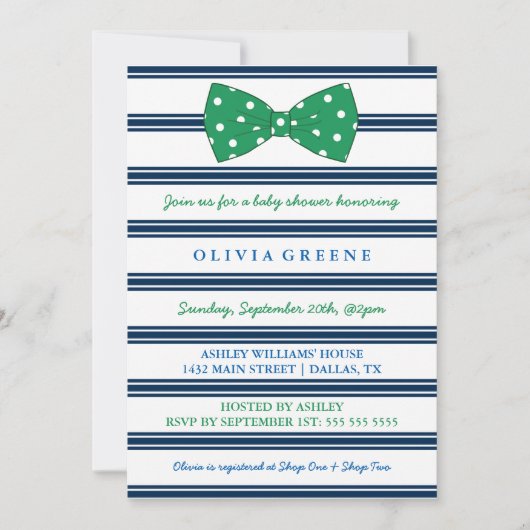 Navy Stripes & Polka Dot Bow | Baby shower Kaart (Voorkant)