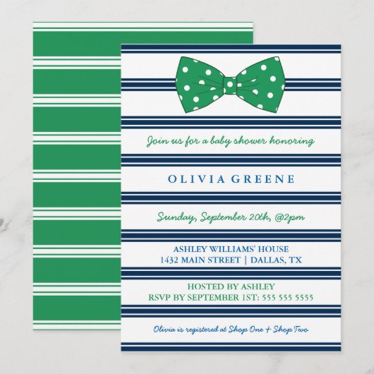 Navy Stripes & Polka Dot Bow | Baby shower Kaart (Voorkant / Achterkant)