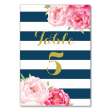Navy Stripes Roze Bloemen Bruiloft Tafel Nummer Ka