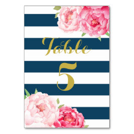 Navy Stripes Roze Bloemen Bruiloft Tafel Nummer Ka Kaart