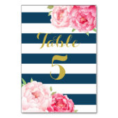 Navy Stripes Roze Bloemen Bruiloft Tafel Nummer Ka Kaart (Voorkant)