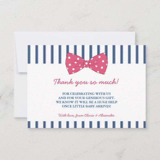 Navy Stripes & Roze Bow | Baby shower Hartelijk da Bedankkaart (Voorkant)