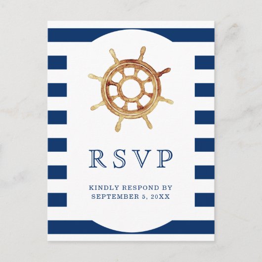 Navy Stripes Steering Wheel Nautical Wedding RSVP Briefkaart (Voorkant)