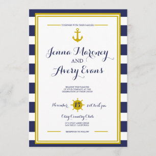 Navy Stripes w/Anchor Nautical Wedding Invitation Kaart