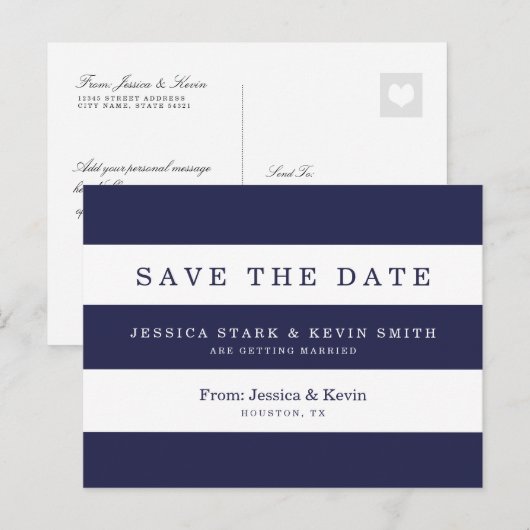 Navy Stripes Wedding Save the Date Briefkaart (Voorkant / Achterkant)