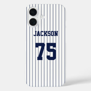 Navy Stripes White Baseball Jersey Naam Nummer iPhone 16 Hoesje