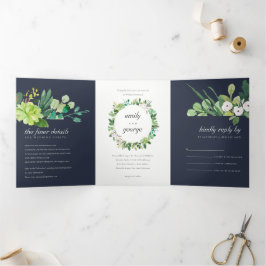 NAVY SUCCULENT WREATH FOLIAGE WATERVERF WEDDING DRIELUIK UITNODIGING