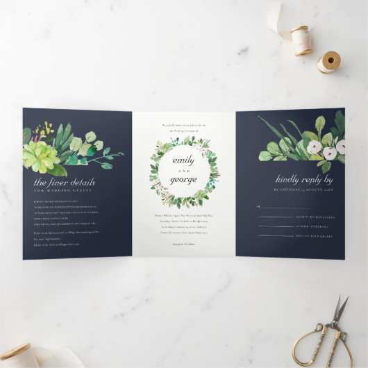 NAVY SUCCULENT WREATH FOLIAGE WATERVERF WEDDING DRIELUIK UITNODIGING (Binnen)