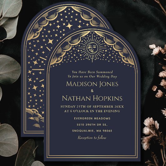  Navy Sun Moon Tarot Arch Wedding Uitnodigen Kaart
