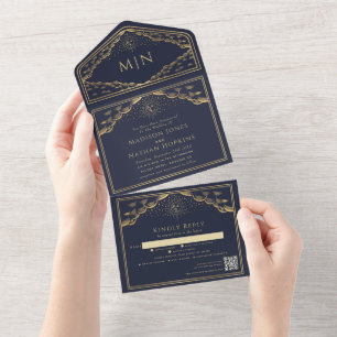 Navy Sun Moon Tarot Kaart QR Code Huwelijksuitnodi