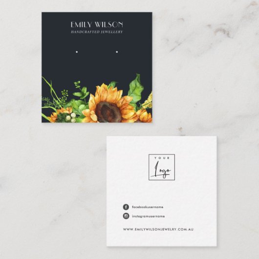 NAVY SUNFLOWER AUTUMN STUD EARRING DISPLAY CARD VIERKANTE VISITEKAARTJE (Voorkant / Achterkant)