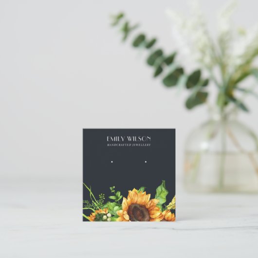 NAVY SUNFLOWER AUTUMN STUD EARRING DISPLAY CARD VIERKANTE VISITEKAARTJE (Staand voorkant)
