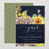 NAVY SUNFLOWER EUCALYPTUS FLORAL BEWAREN DE DATUM KAART (Voorkant / Achterkant)