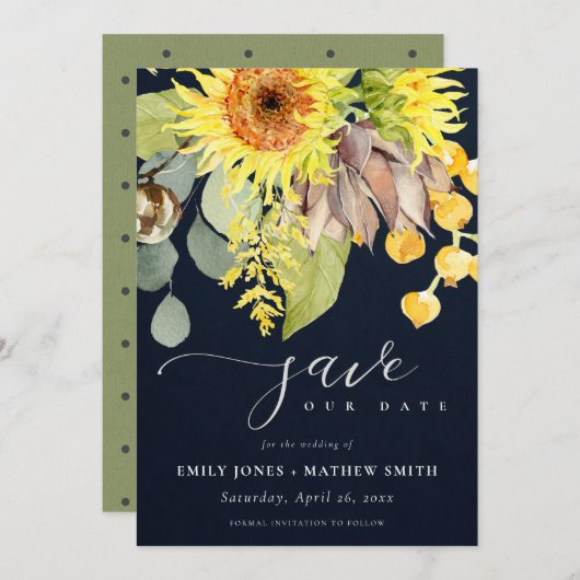 NAVY SUNFLOWER EUCALYPTUS FLORAL BEWAREN DE DATUM KAART (Voorkant / Achterkant)