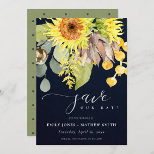 NAVY SUNFLOWER EUCALYPTUS FLORAL BEWAREN DE DATUM KAART