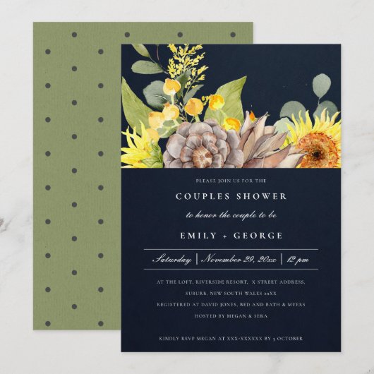 NAVY SUNFLOWER EUCALYPTUS FLORAL COUPLY SHOWER KAART (Voorkant / Achterkant)