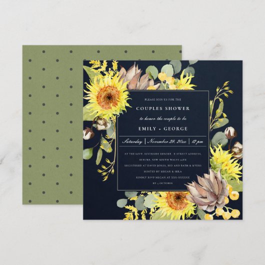 NAVY SUNFLOWER EUCALYPTUS FLORAL COUPLY SHOWER KAART (Voorkant / Achterkant)