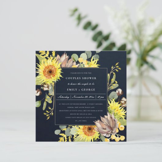 NAVY SUNFLOWER EUCALYPTUS FLORAL COUPLY SHOWER KAART (Staand voorkant)