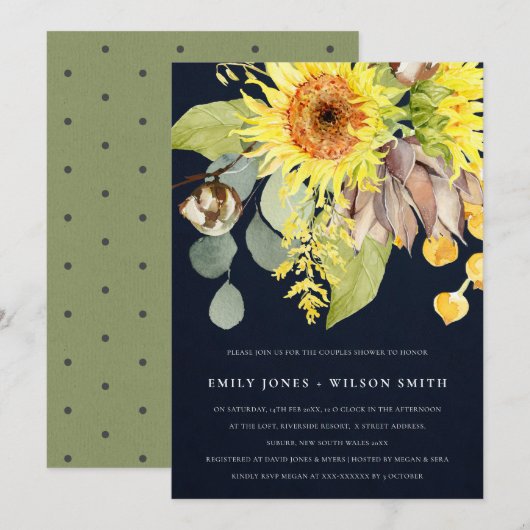 NAVY SUNFLOWER EUCALYPTUS FLORAL COUPLY SHOWER KAART (Voorkant / Achterkant)