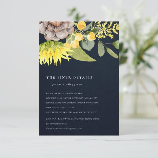 NAVY SUNFLOWER EUCALYPTUS FLORAL WEDDING DETAILS INFORMATIEKAARTJE (Staand voorkant)