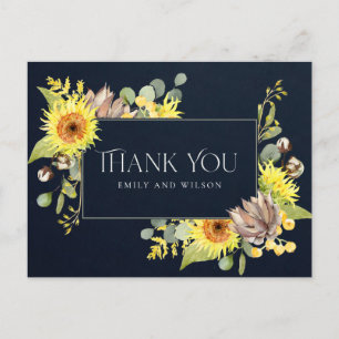NAVY SUNFLOWER EUCALYPTUS FLORAL WEDING DANK U AANKONDIGINGSKAART