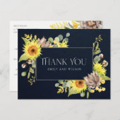 NAVY SUNFLOWER EUCALYPTUS FLORAL WEDING DANK U AANKONDIGINGSKAART (Voorkant / Achterkant)