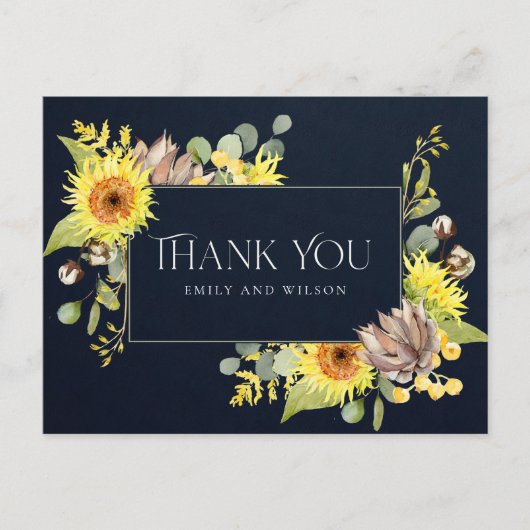NAVY SUNFLOWER EUCALYPTUS FLORAL WEDING DANK U AANKONDIGINGSKAART (Voorkant)