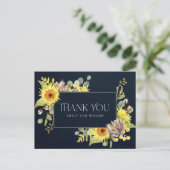 NAVY SUNFLOWER EUCALYPTUS FLORAL WEDING DANK U AANKONDIGINGSKAART (Staand voorkant)