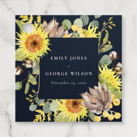 NAVY SUNFLOWER EUCALYPTUS PINE CONE FLORAL WEDING BEDANKJES LABELS (Voorkant)