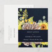 NAVY SUNFLOWER EUCALYPTUS PINE CONE FLORAL WEDING UITNODIGING BRIEFKAART (Voorkant / Achterkant)