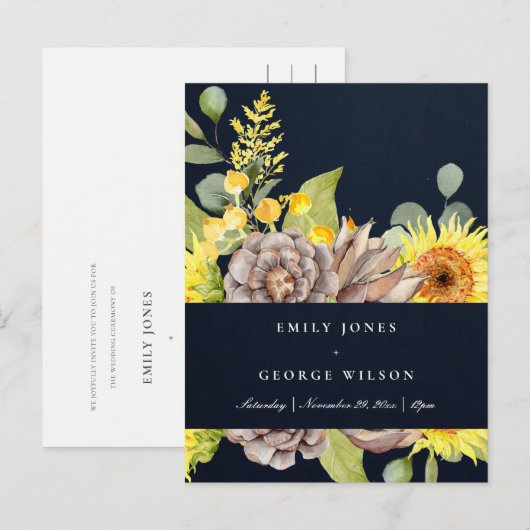 NAVY SUNFLOWER EUCALYPTUS PINE CONE FLORAL WEDING UITNODIGING BRIEFKAART (Voorkant / Achterkant)