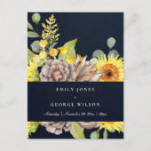 NAVY SUNFLOWER EUCALYPTUS PINE CONE FLORAL WEDING UITNODIGING BRIEFKAART (Voorkant)