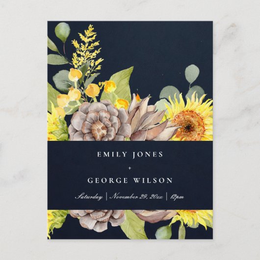 NAVY SUNFLOWER EUCALYPTUS PINE CONE FLORAL WEDING UITNODIGING BRIEFKAART (Voorkant)