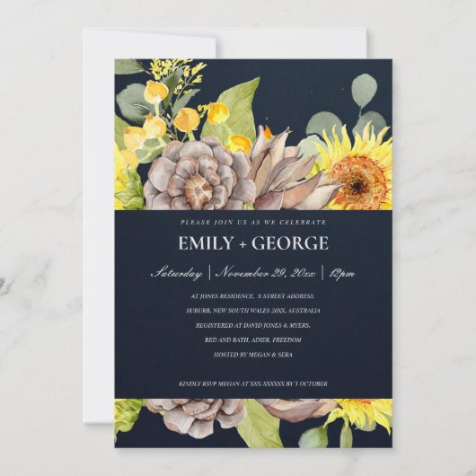NAVY SUNFLOWER EUCALYPTUS PINE FLORA COUPLE INVITE BEDANKKAART (Voorkant)