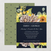 NAVY SUNFLOWER EUCALYPTUS PINE FLORA COUPLE INVITE BEDANKKAART (Voorkant / Achterkant)