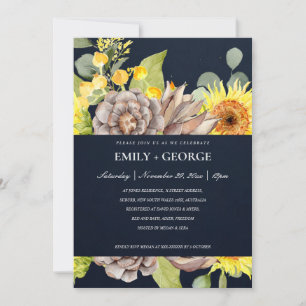 NAVY SUNFLOWER EUCALYPTUS PINE FLORA COUPLE INVITE BEDANKKAART
