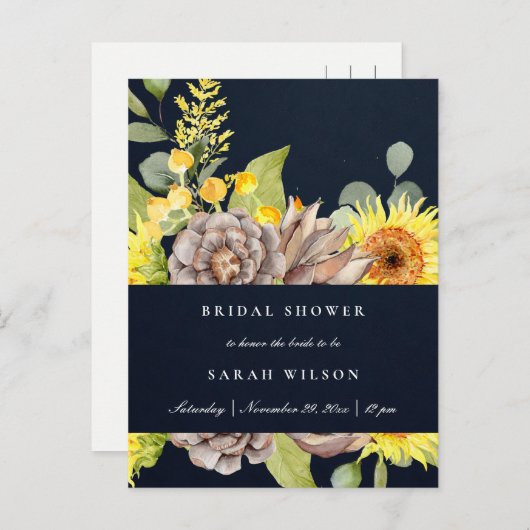 NAVY SUNFLOWER EUCALYPTUS PINE FLORA VRIJGEZELLENF UITNODIGING BRIEFKAART (Voorkant / Achterkant)