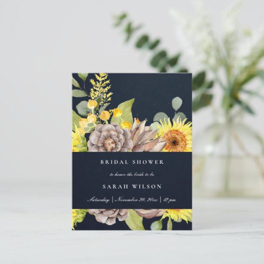 NAVY SUNFLOWER EUCALYPTUS PINE FLORA VRIJGEZELLENF UITNODIGING BRIEFKAART (Staand voorkant)