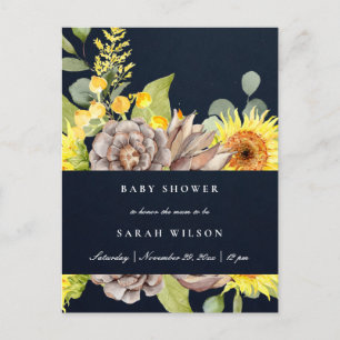 NAVY SUNFLOWER EUCALYPTUS PINE FLORAL BABY SHOWER UITNODIGING BRIEFKAART