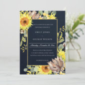 NAVY SUNFLOWER EUCALYPTUS PINE FLORAL WEDING KAART (Staand voorkant)