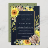 NAVY SUNFLOWER EUCALYPTUS PINE FLORAL WEDING KAART (Voorkant / Achterkant)