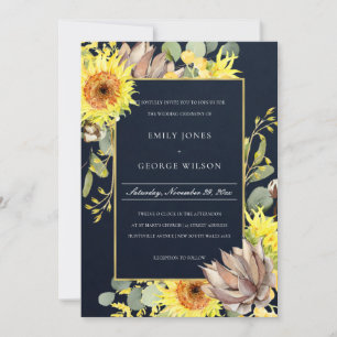 NAVY SUNFLOWER EUCALYPTUS PINE FLORAL WEDING KAART