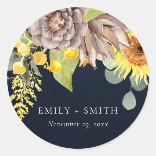 NAVY SUNFLOWER EUCALYPTUS PINE FLORAL WEDING RONDE STICKER (Voorkant)